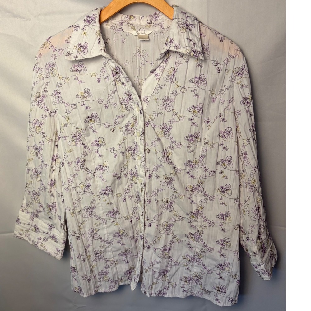 Christopher & Banks Womens Large White Floral Embroidered 3/4 Sleeve Blouse Top